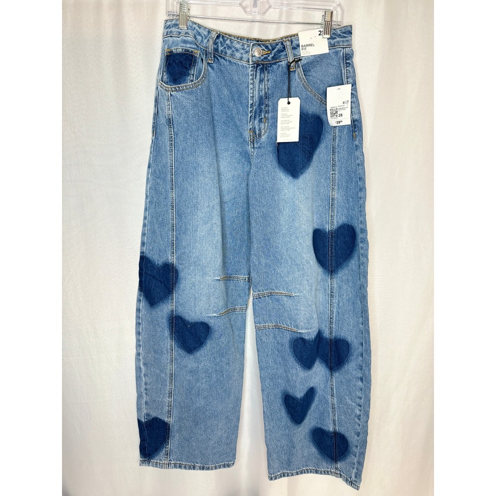 NWT Forever 21 Heart Barrel Jeans Size 28 Indie Artsy Romantic Hearts Whimsical